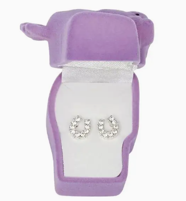 Rhinestone Horseshoe Earrings W/Horse Head Gift Box - Clear