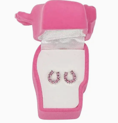 Rhinestone Horseshoe Earrings W/Horse Head Gift Box - Pink
