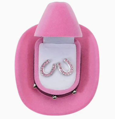 Horseshoes Earrings W/Colourful Cowboy Hat Box - Pink