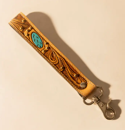 Wildhue Western Key Fob in Light Brown with Turquoise Stone Handtooled Detail