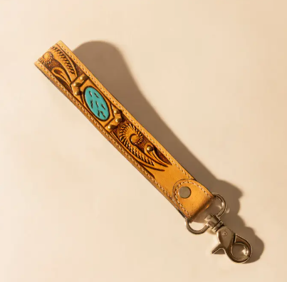 Wildhue Western Key Fob in Light Brown with Turquoise Stone Handtooled Detail