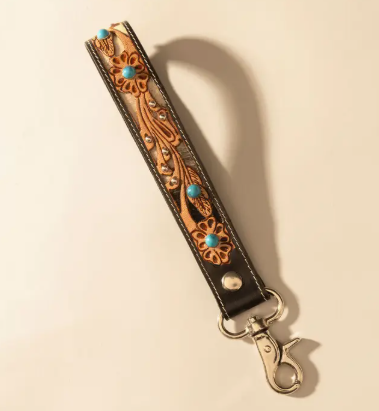 River Glen Hand tooled Hairon Leather Key Fob in Espresso Turquoise