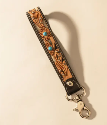 River Glen Hand tooled Hairon Leather Key Fob in Espresso Turquoise