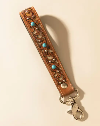 River Glen Handtooled Hairon Leather Key Fob in Honey Turquoise
