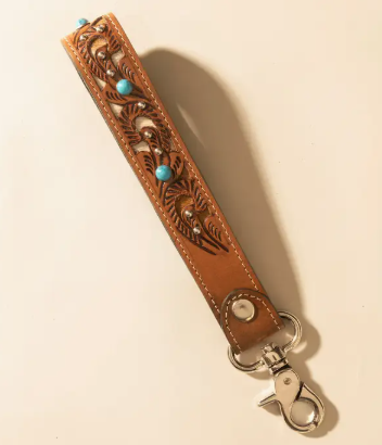 River Glen Handtooled Hairon Leather Key Fob in Honey Turquoise