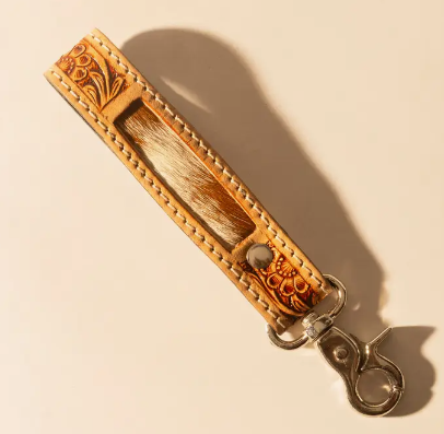 Hide Inlay Western Key Fob in Creme with Floral Detail