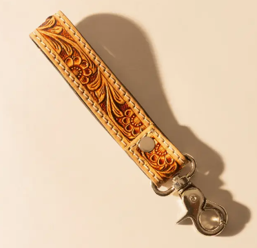 Hide Inlay Western Key Fob in Creme with Floral Detail