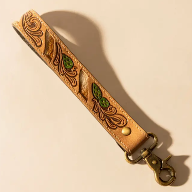 Wildvine Pony Western Hand tooled Key Fob in Tan with Cactus Detail