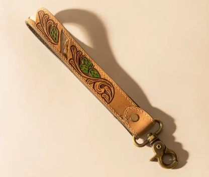 Wildvine Pony Western Hand tooled Key Fob in Tan with Cactus Detail