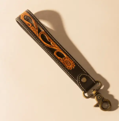 Wildvine Pony Western Hand tooled Key Fob in Black with Hairon Detail