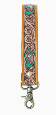 Emerald Ember Hand tooled Leather Key fob in Desert Green