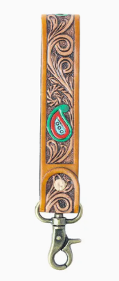 Emerald Ember Hand tooled Leather Key fob in Desert Green