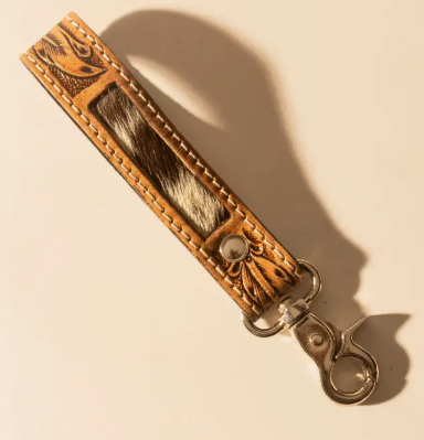 Hide Inlay Western Key Fob in Tan with Hairon Detail
