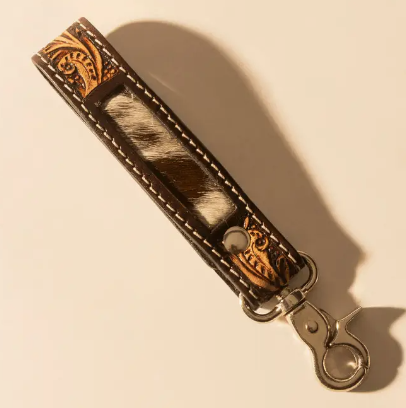Hide Inlay Western Key Fob in Dark Brown with Hairon Detail