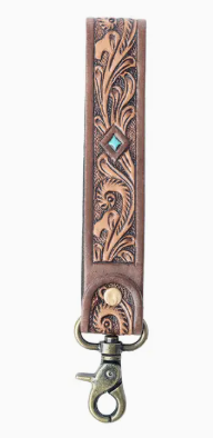 Spirit Stone Hand tooled Leather Key fob in Mahogany Brown