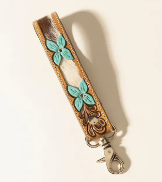 Myra Painted Prairie Hand tooled Leather Key fob in Desert Lace