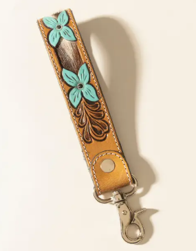 Myra Painted Prairie Hand tooled Leather Key fob in Desert Lace