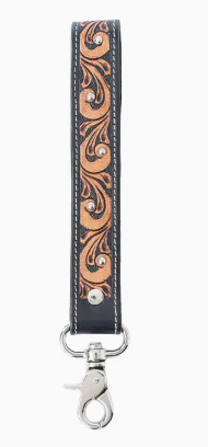 Western Whirl Hand tooled Leather Key fob in Desert Brown