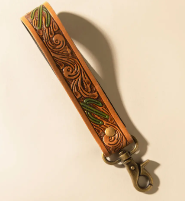 Canyon Pass Hand tooled Leather Key Fob in Butterscotch Oak