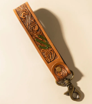 Canyon Pass Hand tooled Leather Key Fob in Butterscotch Oak