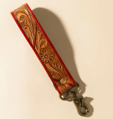 Canyon Pass Handtooled Leather Key Fob in Terracotta Saddle
