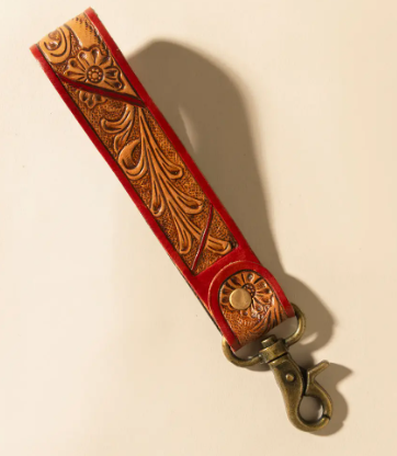 Canyon Pass Handtooled Leather Key Fob in Terracotta Saddle
