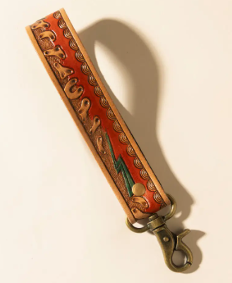 Canyon Pass Hand tooled Leather Key Fob in Amber