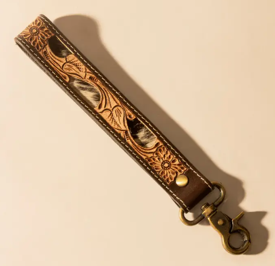 Wildvine Pony Western Hand tooled Key Fob in Dark Brown with Hairon Detail