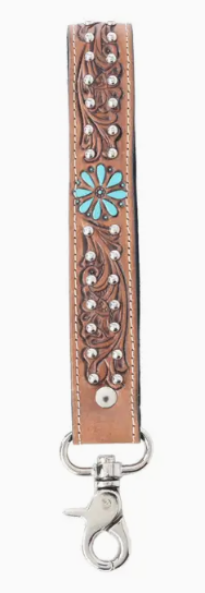 Desert Daisy Hand tooled Leather Key fob in Cactus Umber