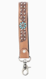 Desert Daisy Hand tooled Leather Key fob in Cactus Umber