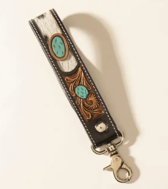Myra Tallin Bloom Hand tooled Leather Key fob in Saddle Sky