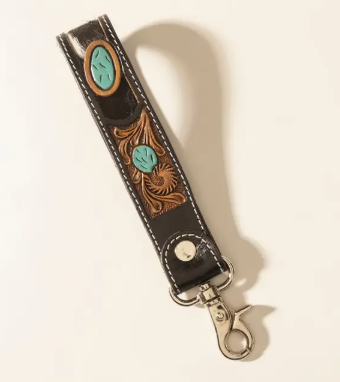 Myra Tallin Bloom Hand tooled Leather Key fob in Saddle Sky