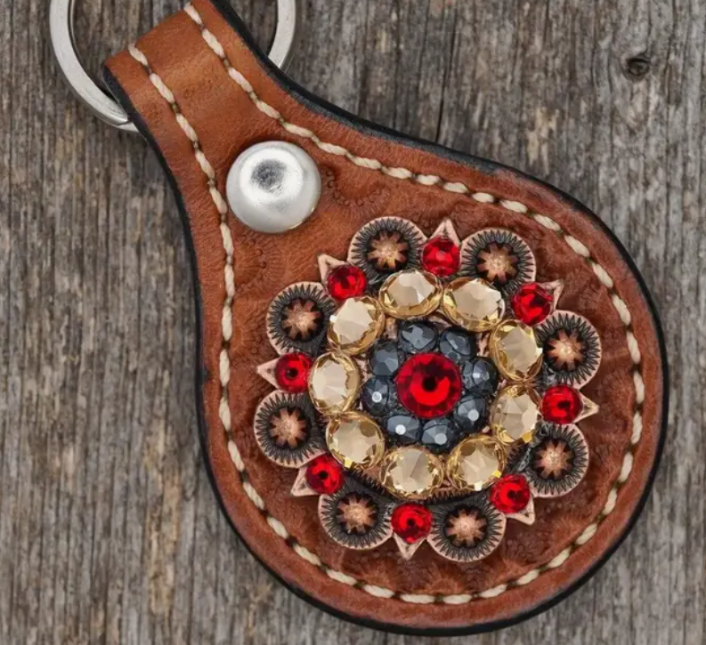 Medium Oil Key Chain with Red European Crystal Concho