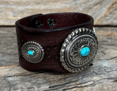 Antique Silver and Turquoise Leather Bracelet