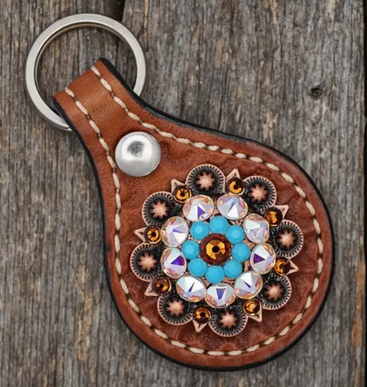 Medium Oil Key Chain with Turquoise European Crystal Concho