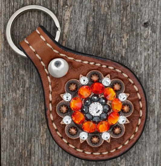 Medium Oil Key Chain with Orange and Jet European Crystal Concho