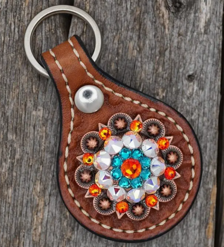 Medium Oil Key Chain with Orange European Crystal Concho