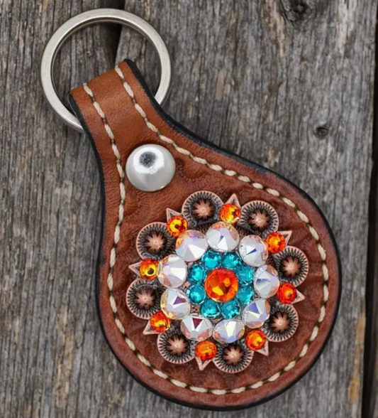 Medium Oil Key Chain with Orange European Crystal Concho