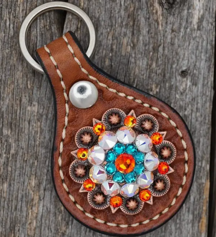 Medium Oil Key Chain with Orange European Crystal Concho