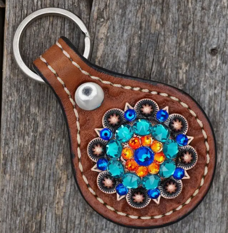 Medium Oil Key Chain with Blue European Crystal Concho