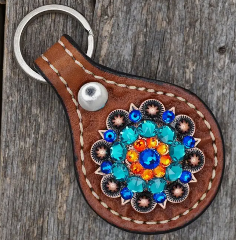 Medium Oil Key Chain with Blue European Crystal Concho