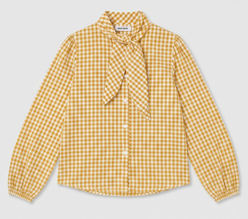 Ladies Cotton Shirt with Button-Down Collar - Mustard