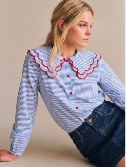 Ladies Cotton Blouse Double Collar - Blue Stripe