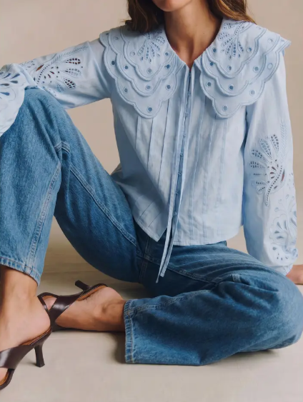 Ladies Cotton Shirt with Cut Out Lace Detail - Powder Blue