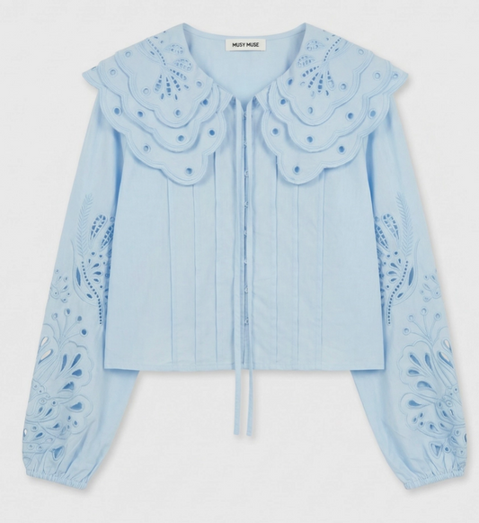 Ladies Cotton Shirt with Cut Out Lace Detail - Powder Blue