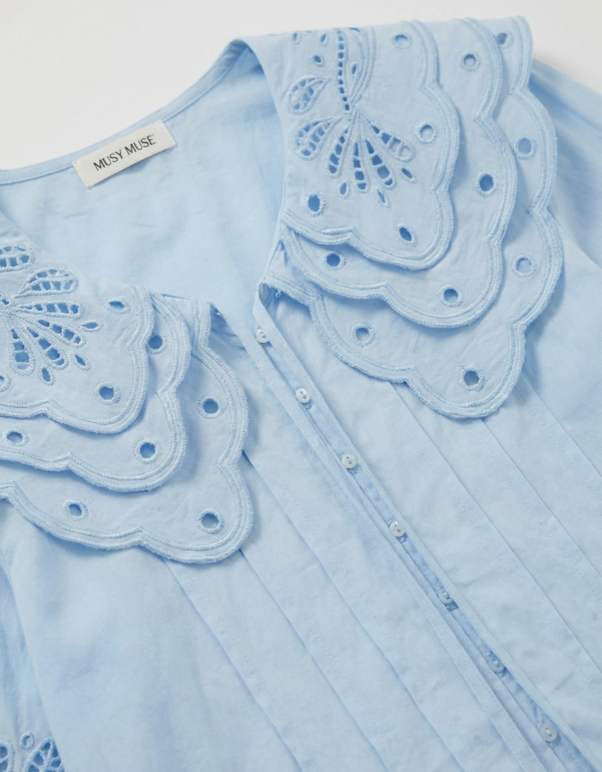 Ladies Cotton Shirt with Cut Out Lace Detail - Powder Blue