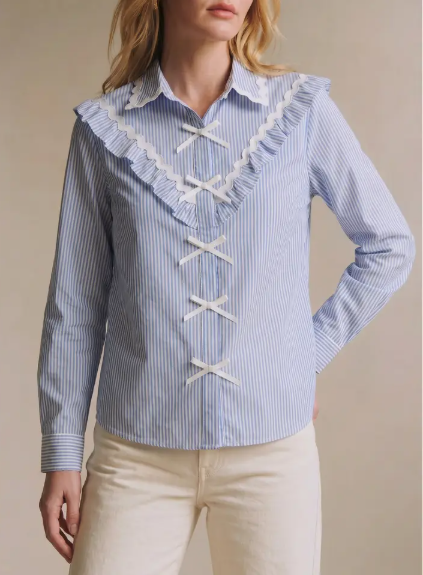 Ladies Cotton Blue/White Stripe with White Bow Ties