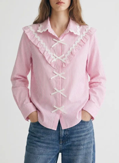 Ladies Cotton Pink/White Stripe Shirt with White Bow Ties