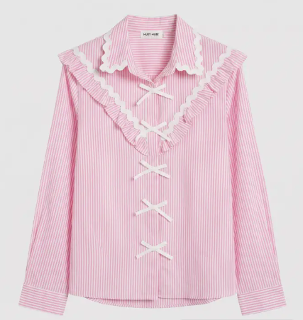 Ladies Cotton Pink/White Stripe Shirt with White Bow Ties