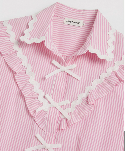 Ladies Cotton Pink/White Stripe Shirt with White Bow Ties